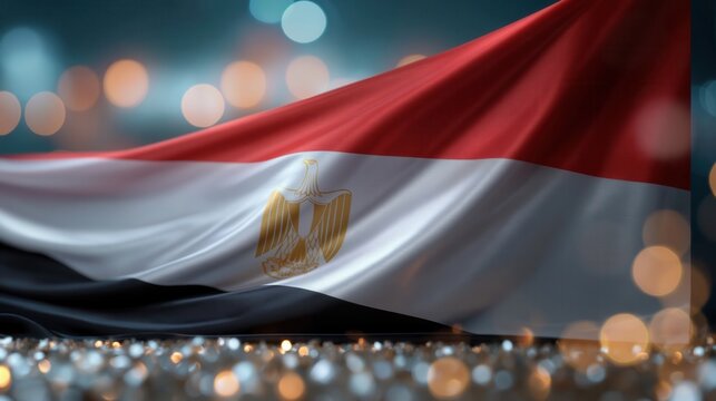Egyptian flag cloth waving over blurred warm bokeh lights with rich fabric texture, glossy highlights, patriotic color contrast, and dramatic night atmosphere, with egypt, flag, fabric, cloth detail