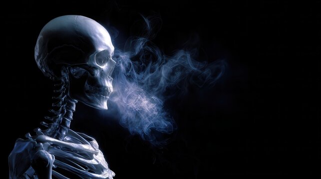 Iridescent human skeleton with smoky vapor on black background, glowing in eerie purple and blue light for dark Halloween, horror, theatrical, conceptual visuals