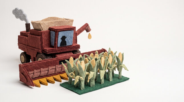 Paper model of combine harvester harvesting corn in a field  