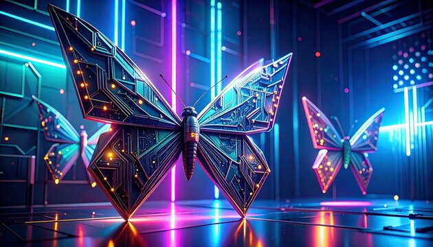 Futuristic Cyberpunk Butterfly Art, Neon Lights, Digital Transformation, Technology