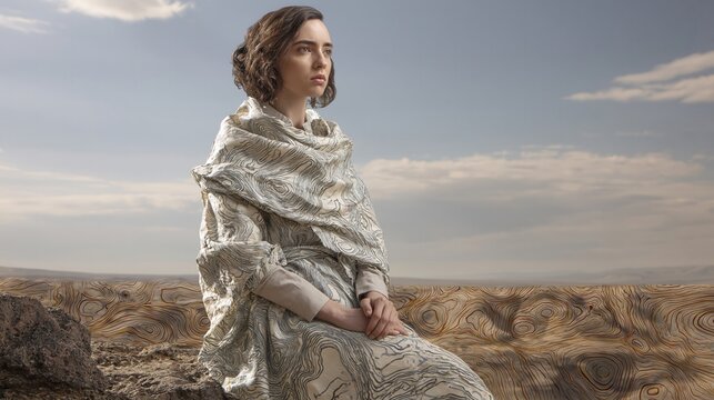 Solitary woman in long white textured dress standing on patterned desert plain with distant mountains under muted daylight and soft warm tones, with woman, dress, white, standing detail
