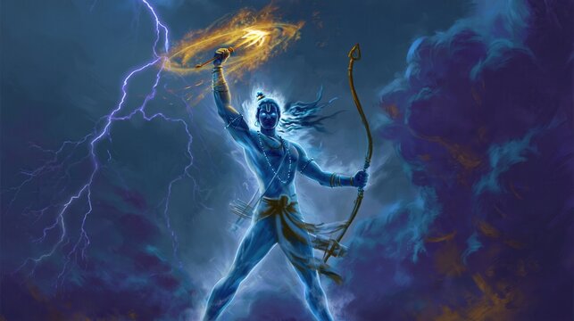 Blue warrior deity figure poised on stormy battleground with glowing bow and dynamic lightning strike illuminating dramatic clouds and swirling dust