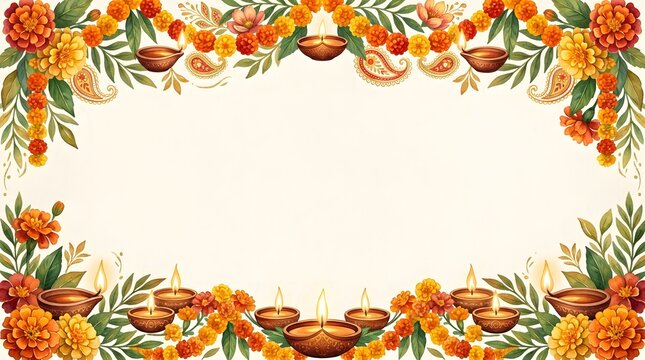 Festive diwali background with watercolor marigold flowers and traditional oil lamps forming a decorative border frame
