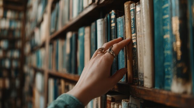 Close-up left hand pulling hardcover book from wooden bookshelf in warm library aisle with soft ambient light, shallow focus, textured spines, quiet study atmosphere, vertical composition
