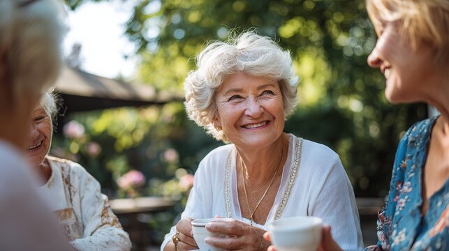 Senior woman smiling and laughing with friends during outdoor coffee gathering in sunny garden patio, warm natural light, relaxed conversation, candid lifestyle portrait