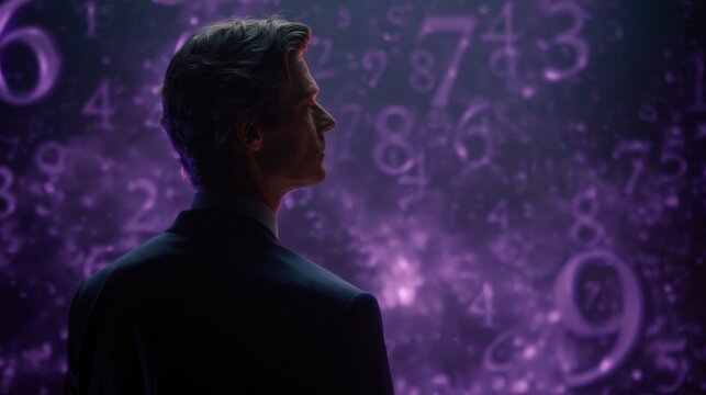 Back view of middle-aged man studying glowing numeric characters on dark textured wall in moody low-key lighting, focused posture and cinematic contrast with cool desaturated tones