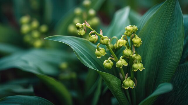 Close-up lily of valley blossoms with dew on broad green leaves in shaded garden setting, showing delicate white bell flowers, glossy foliage, soft light, fresh spring mood, natural texture