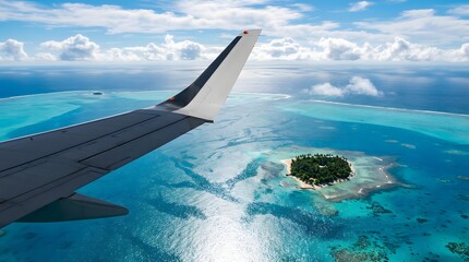 Fototapeta premium Airplane wing over tropical island. Aerial view of turquoise ocean and remote paradise.