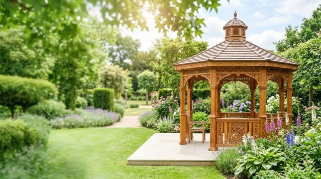 Carved wood gazebo focal point in lush garden landscaping with sunny sky and copy space for branding