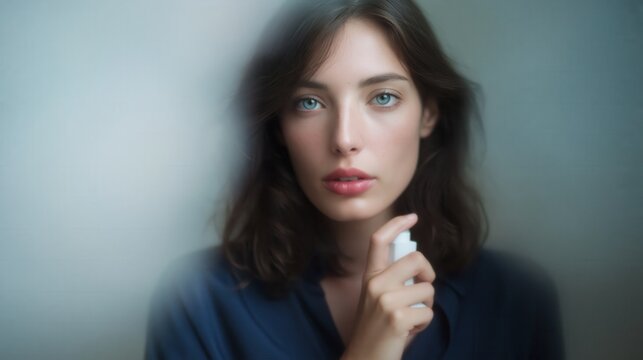 Soft lit portrait of young woman with light green eyes holding small bottle near chin, direct gaze, neutral expression, smooth skin tones and gentle shadow falloff