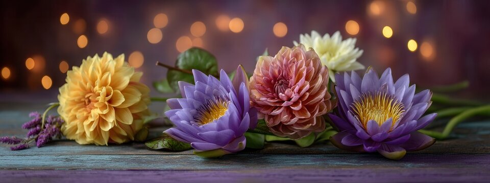 Colorful lotus bouquet on reflective surface with warm bokeh background and soft studio lighting