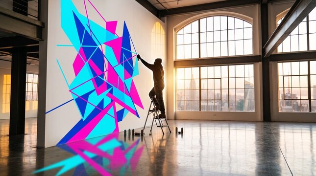 Artist Painting Geometric Colorful Mural inside Modern Industrial Loft Studio