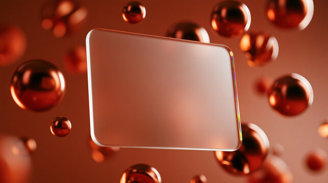 Frosted Glass Frame Mockup Floating Among Copper Spheres