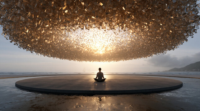 Person Meditating Under Large Golden Light Installation at Sunset