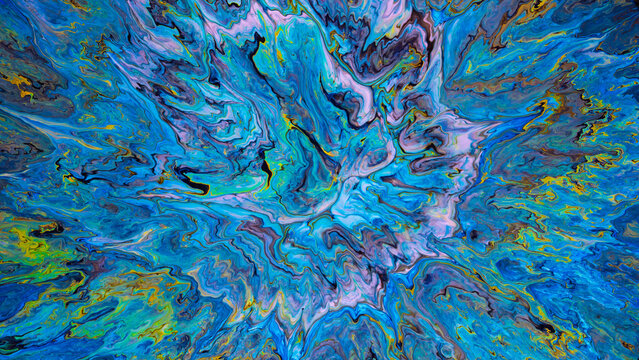 Abstract fluid paint swirl in blue green purple tones with dynamic marbling and glowing layered movement