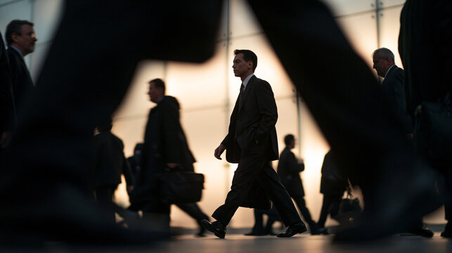 Businessman Walking Through Busy Corporate Crowd During Commute