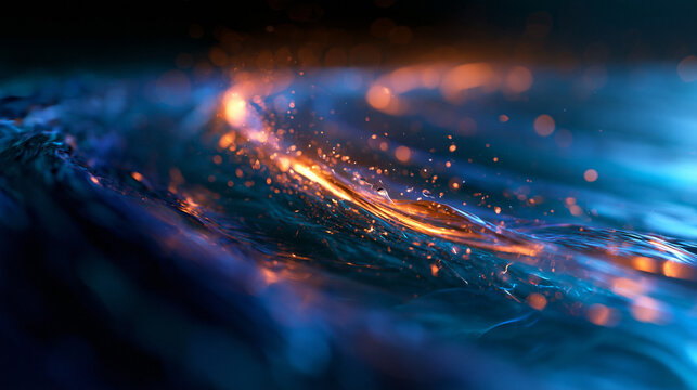 Abstract Glowing Sparks and Light Trails on Dark Blue Fluid Surface