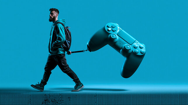 Young Man Walking Giant Video Game Controller on Leash