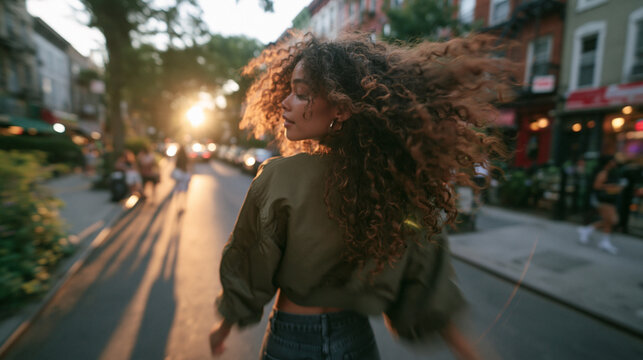 Young Woman Tossing Curly Hair on City Street During Golden Hour