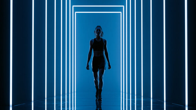 Athletic Woman Walking in Futuristic Blue LED Light Tunnel