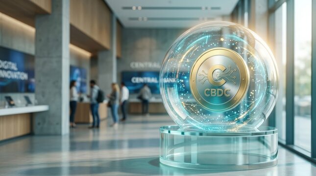 Central bank digital currency concept, CBDC coin in glass dome, futuristic technology, modern bank interior, copy space