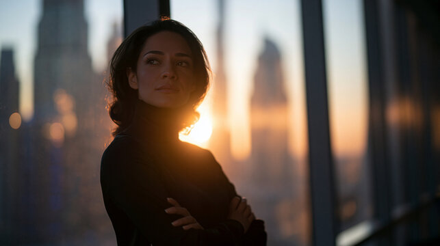 Confident Businesswoman Standing in High Rise Office at Sunset