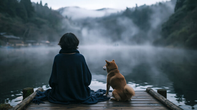 Woman and Dog Sitting on Pier by Misty Lake