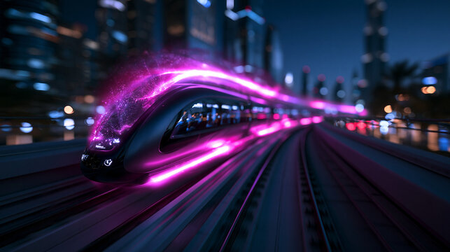Futuristic High Speed Train Traveling Through City at Night