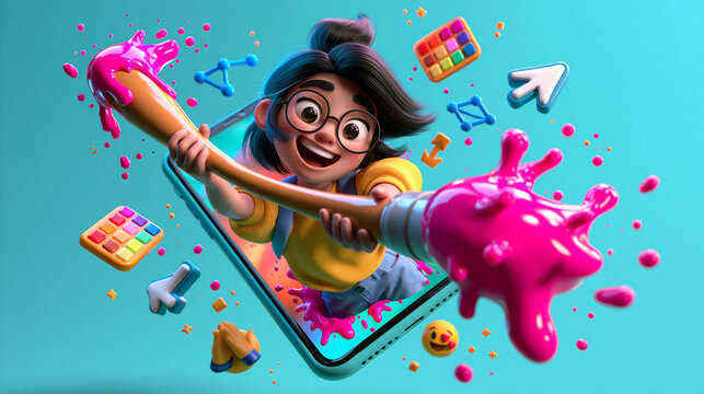 3D Female Designer Character Emerging from Phone Screen with Paintbrush