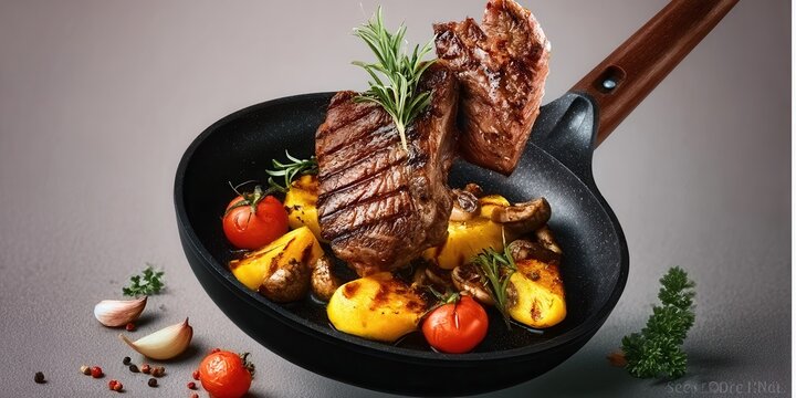 Two seared beef medallions tossed above skillet with roasted zucchini, yellow squash, baby potatoes, cherry tomatoes, and herb garnish in bright studio light for colorful food presentation