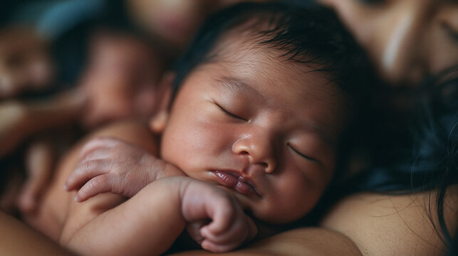 Newborn Baby Sleeping Peacefully in Mother Arms