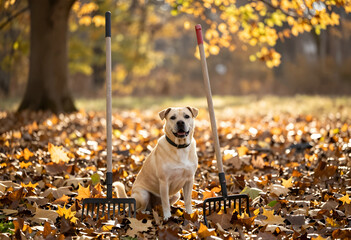 Obraz premium Happy labrador retriever dog sitting between two rakes in a yard covered with autumn leaves, the golden-colored dog wears a black collar, looking directly at the viewer with an open mouth