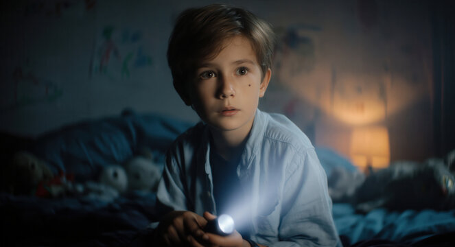 Young boy holding flashlight in dim bedroom with focused expression and soft warm bedside lamp glow, intimate nighttime portrait with calm cozy mood, with boy, child, kid, flashlight detail
