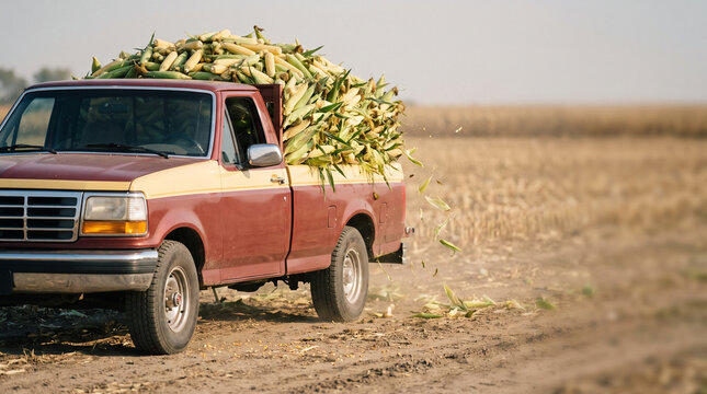 Farm truck loaded with corn driving through harvested field  