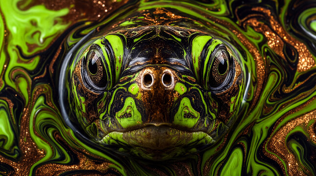 Close-up of a turtle face in swirling neon green black and gold liquid patterns with glitter accents