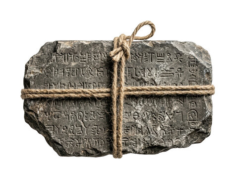 Ancient stone tablet png Historic inscribed slab cutout Weathered stone tablet png Rope-tied ancient slab cutout Mysterious stone tablet isolated transparent background image