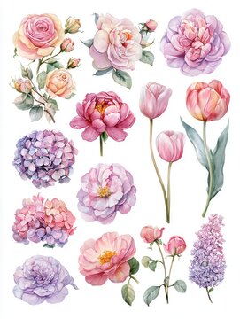 Hand drawn watercolor floral cluster featuring peony, rose, hydrangea, tulip, lilac, ranunculus, buds, foliage, and soft pastel petals arranged on white background for elegant decor projects
