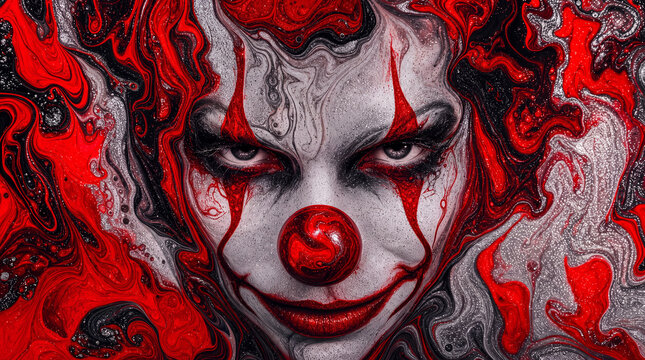 Intense clown closeup with white face paint, red nose, lips and markings against swirling red-black liquid background