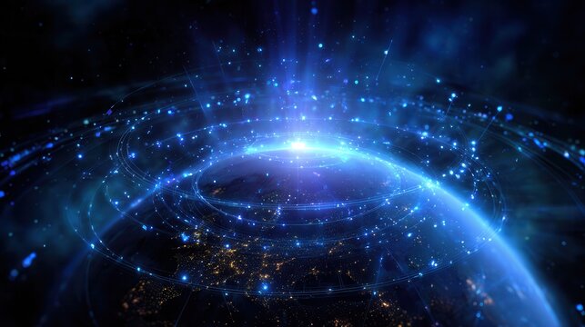Illuminated blue globe with glowing network nodes and curved data streams across Earth surface, showing global connectivity, digital communication, and worldwide business links