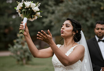 Obraz premium Indian bride in white wedding dress preparing to toss bouquet with groom in background at outdoor ceremony, the groom in a black tuxedo stands in the background