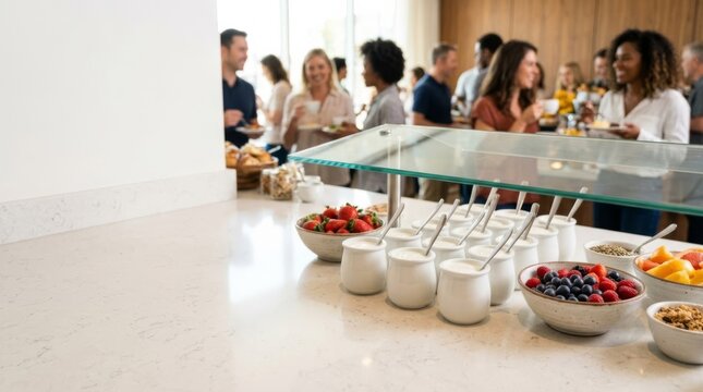Healthy breakfast buffet with yogurt, berries, and fruit on a modern counter with copy space