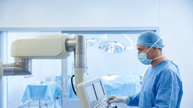 Surgeon supervises robotic instrument positioning in the suite