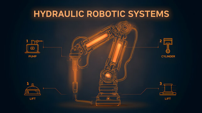 Hydraulic Robotic Systems - futuristic neon infographic visualizing digital systems, automation, data flow and future technology innovation