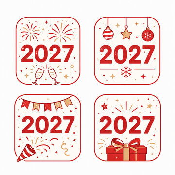 Four festive icons celebrate 2027 with fireworks, holiday ornaments, party banners, and gift boxes. Red and gold colors evoke holiday cheer and celebration. Perfect for New Year, party