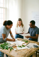 Fototapeta premium Diverse team of creative professionals collaborating on a design project with natural elements on a rustic wooden table