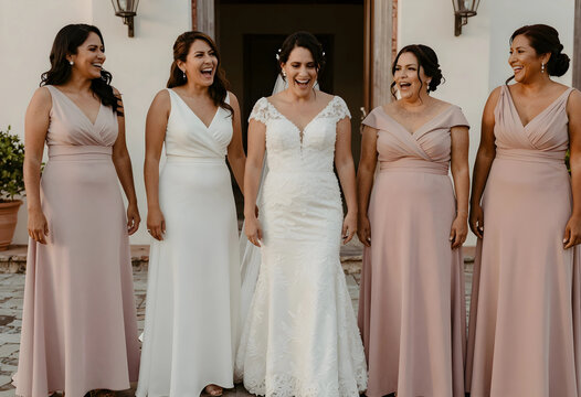 Happy bride and bridesmaids laughing together on a wedding day, celebrating friendship and joy, the group of women celebrates friendship and joy during the special occasion