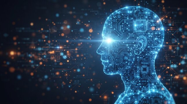 Futuristic digital human head with glowing neural circuits
