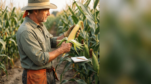 Farmer inspecting corn crop while taking notes in the field  