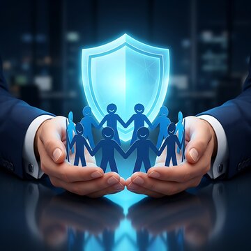 Hands of businessman offering complete care and digital shield protection over a paper chain of human figures.