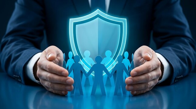 Modern corporate concept of business hands cupping blue paper cutout people under a glowing digital security shield.